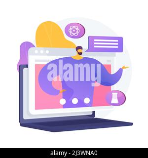 Chemistry online lessons. Biochemist presentation, science class, e learning. Laboratory worker cartoon character explaining pharmaceutical researches Stock Vector