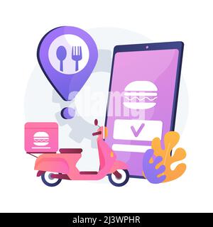 Food delivery service abstract concept vector illustration. Online food order, 24 for 7 service, pizza and sushi online menu, payment options, no-cont