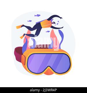 Diving school instructor. Scuba diving, underwater recreation, snorkelling lesson. Male diver in wetsuit and mask swimming with aqualung. Vector isola Stock Vector