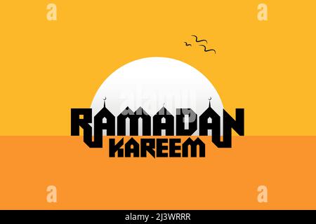 Ramadan Kareem text logo design in english with sunset Stock Vector