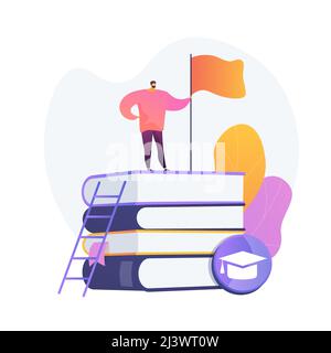 Clever man, student standing on books stack with flag. Self learning, personal improvement, knowledge obtaining. Educational achievement. Vector isola Stock Vector