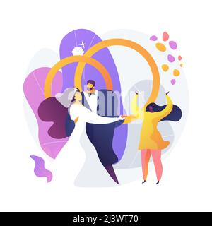 Wedding ceremony. Bride in beautiful white dress and groom cartoon characters. First dance of the newlyweds. Marriage, engagement, celebration. Vector Stock Vector