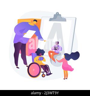 Education for disabled children. Handicapped kid on wheelchair in kindergarten. Equal opportunities, preschool program, special needs. Vector isolated Stock Vector