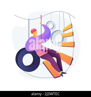 Adventure park. Canopy tour. Man in harness and helmet for safety. High zipline, rope climbing, clambering ladder. Extreme sport activity. Vector isol Stock Vector