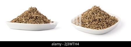 pile of cumin seeds, popular spice used for cooking, garam masala ingredient, on a white plate, different angles, collection Stock Photo