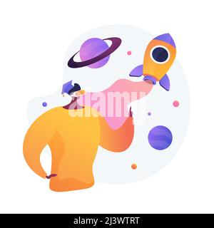 Virtual reality space exploration. Innovative education technology, modern entertainment, immersive experience. Man in VR headset observing cosmos. Ve Stock Vector
