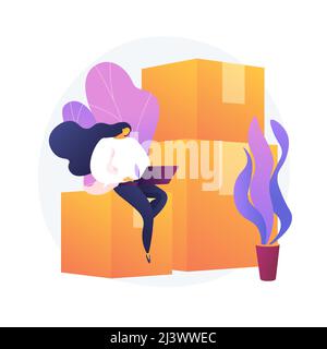 Relocation services. Apartment rent, accommodation leasing, real estate agency website design element. Woman with laptop sitting on cardboard boxes. V Stock Vector