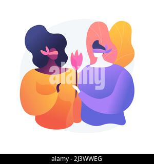 Young man and woman on blind date. Romantic surprise, amorous feelings expression, blindfolded lovers. Boyfriend giving girlfriend flower. Vector isol Stock Vector