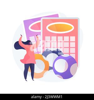 Excited woman won jackpot, gambler playing lotto. Gambling game, bingo cards, lottery balls. Fortunate girl, lucky winner, victory chance. Vector isol Stock Vector