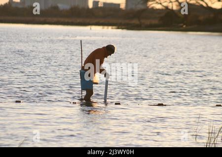 Gulf Shores clam/mussels fishing in Lake Shelby a fresh water lake near the Gulf Coast. Stock Photo