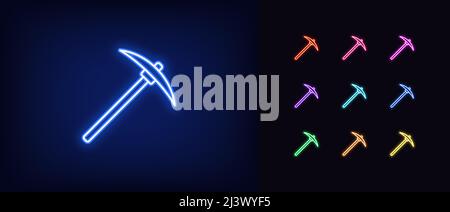 Outline neon pickaxe icon. Glowing neon pickaxe silhouette, crypto mining pictogram. Pickax tool, cryptocurrency mining, production digital gold and t Stock Vector