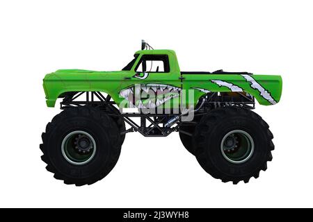 Side view of a green monster truck with monster face paintwork. 3D illustration isolated on a white background with clipping path. Stock Photo