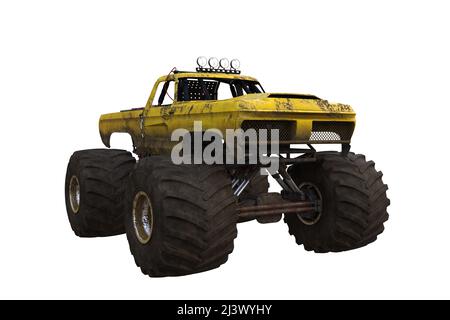 Monster truck with dirty mud splattered yellow paintworkand muddy wheels. 3D illustration isolated on a white background with clipping path. Stock Photo