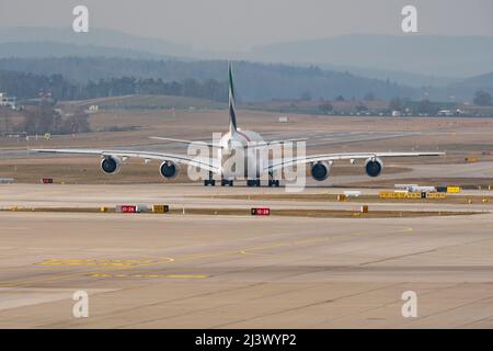 Zurich, Switzerland, March 2, 2022 Emirates Airbus A380-861 aircraft is taxiing to its take off position