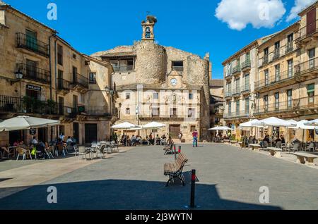 SEPULVEDA, SPAIN - SEPTEMBER 12, 2021: View of the main square with bars and terraces of the medieval town of Sepulveda, Segovia province, Castile and Stock Photo