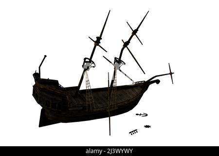 Abandoned old pirate shipwreck. 3D illustration isolated on a white background with clipping path. Stock Photo