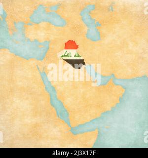Iraq (Iraqi flag) on the map of Middle East (Western Asia) in soft grunge and vintage style, like watercolor painting on old paper. Stock Photo