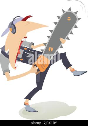 Funny angry worker in protection headphones with chainsaw Stock Vector