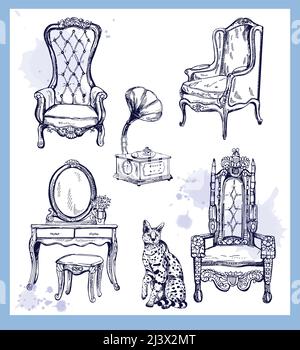 Set of hand drawn sketch style vintage interior elements isolated on white background. Vector illustration. Stock Vector