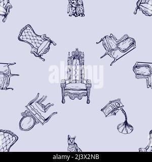 Seamless pattern of hand drawn sketch style vintage interior elements. Isolated vector illustration. Stock Vector