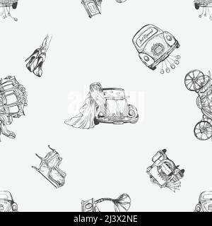 Seamless pattern of hand drawn sketch style wedding themed objects isolated on white background. Vector illustration. Stock Vector