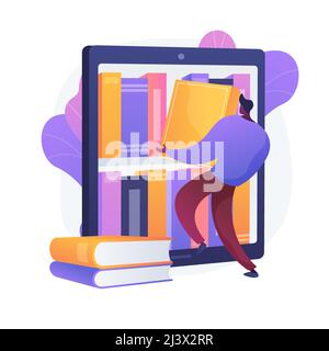 Ebooks collection. Library archive, e reading, literature. Male cartoon character loading books in ereader. Man putting novels in covers on bookshelf. Stock Vector