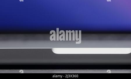 Grey laptop. Action. Detailed shooting of parts of the laptop with all its connectors . Stock Photo