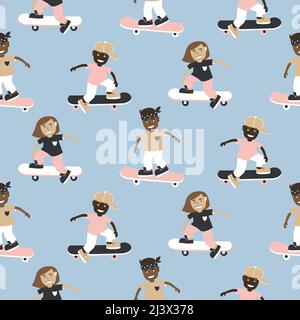 Skateboarding boys seamless pattern. Skate background. Skateboarding cartoon kids illustration. Seamless pattern with cartoon skateboards Stock Vector