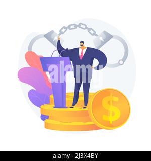 Political crime. Lawyer cartoon character in a business suit stands on podium with microphones. Important event, conference, handcuffs. Vector isolate Stock Vector
