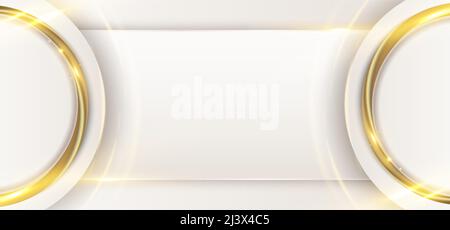 Abstract elegant white circle with 3D golden lines ring rounded and light sparking on clean background luxury style. Vector graphic illustration Stock Vector