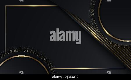 Abstract elegant black stripes and circle with golden dots particles and lighting effect on dark background luxury style. Vector illustration Stock Vector