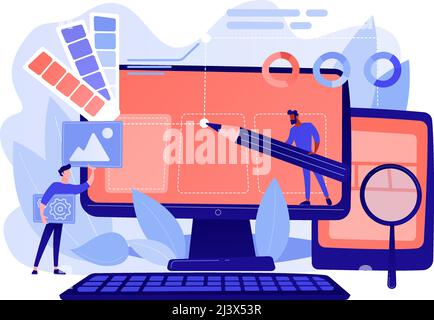 Designers are working on the desing of web page. Web design, User Interface UI and User Experience UX content organization. Web design development con Stock Vector
