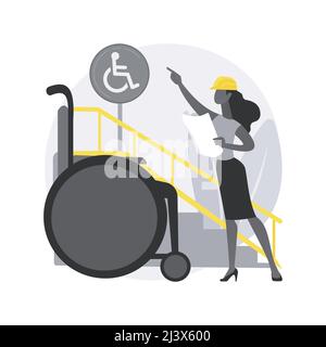 Accessible environment design abstract concept vector illustration. Disability-friendly area, smart city, barrier-free, entryway ramp, braille sign, p Stock Vector