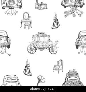 Seamless pattern of hand drawn sketch style wedding themed objects isolated on white background. Vector illustration. Stock Vector