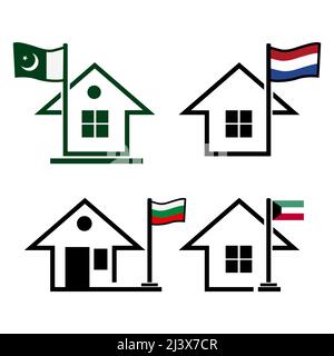 House and flag Icon. Flat design. Vector Illustration on white background. Stock Vector