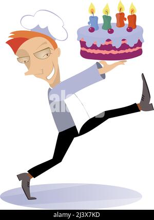 Smiling cook holds a holiday cake decorated with candles isolated on white illustration Stock Vector