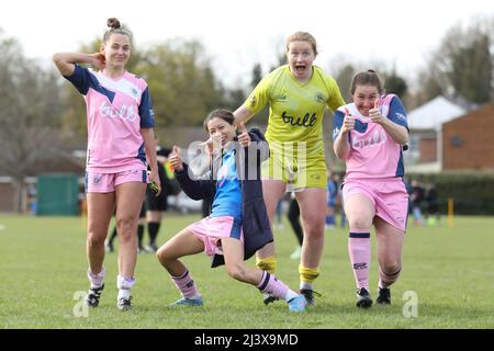 London, UK. 10th Apr, 2022. Brittany Saylor (8 Dulwich Hamlet), Lucy Monkman (14 Dulwich Hamlet), Goalkeeper Rebecca Sargent (1 Dulwich Hamlet), and Sarah Walters (6 Dulwich Hamlet) after the London and South East Regional Womens Premier game between Aylesford and Dulwich Hamlet at Aylesford Football Club in London, England. Liam Asman/SPP Credit: SPP Sport Press Photo. /Ģ����ý Live News Stock Photo