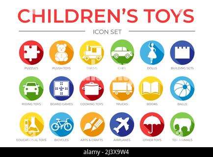 Children's Toys Icon Set with Puzzle, Plush, Train and Car, Board Game, Dolls, Arts and Crafts, Building Sets, Cooking, Ship, Truck, Book, Balls, Educ Stock Vector