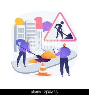 Road works abstract concept vector illustration. Road construction and repair, restricted driving conditions, partly motorway closure, detour due to w Stock Vector