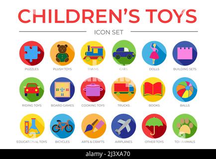 Nice Children's Toys Icon Set with Puzzle, Plush, Train and Car, Board Game, Dolls, Arts and Crafts, Building Sets, Cooking, Ship, Truck, Book, Balls, Stock Vector