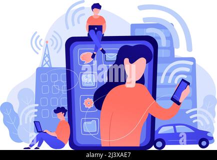 People using different electronic devices such as smartphone, laptop, tablet. Radio fields, electromagnetic pollution, radiation concept, pinkish cora Stock Vector