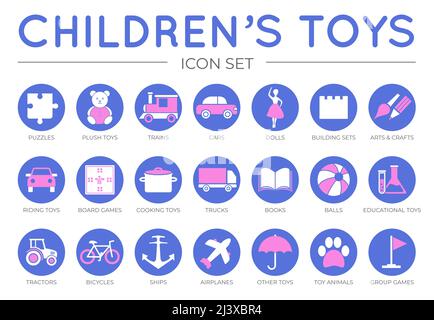 Purple Children's Toys Icon Set with Puzzle, Plush, Train and Car, Board Game, Dolls, Arts and Crafts, Building Sets, Cooking, Ship, Truck, Book, Ball Stock Vector