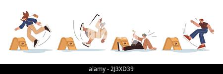 Flat young and old people slip on wet floor or stumble. Elderly with cane fall down near caution sign. Characters stumbling, falling with injury risk, slide on water and drop. Set of tumble accidents. Stock Vector