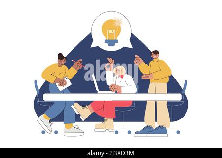 Flat business group of people with light bulb work together. Employee teamwork have brainstorm, share creative ideas. Company staff working in office and search success business solution of problem. Stock Vector