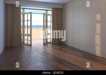 Empty Hotel Room with Sea View. Interior with Open Door Overlooking the Ocean, Beige Curtains, Yellow Sand and Clouds. Dark Parquet Floor and a Beige Stucco Wall. 3D rendering, 8K Ultra HD, 7680x5121 Stock Photo