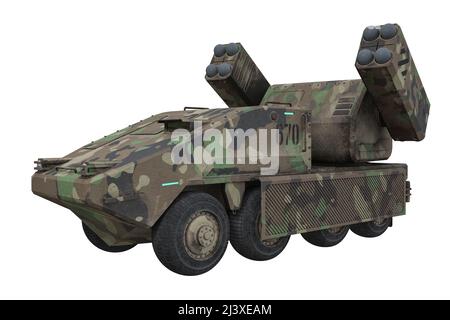 Green camouflaged military missile launching vehicle with launcher raised to fire. 3D rendering isolated on white background with clipping path. Stock Photo