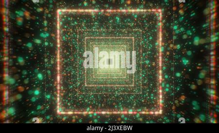 A bright abstraction consisting of geometric shapes. Motion. A bright green background that consists of squares that lead deep into the tunnel. Stock Photo