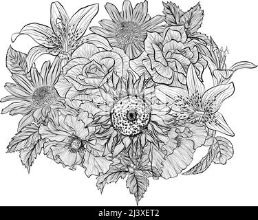 Flower bouquet with various flowers line art Stock Vector