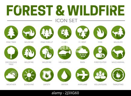 Green Flat Forest & Wildfire Round Icon Set with Fire, Pine, Cabin, Wildlife, Helicopter, Rain, Weather, Firefighter, Wild Animal, Drone, Water, Airpl Stock Vector
