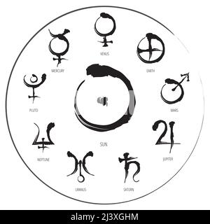 Table Of Astrology Symbols: Hand Drawn Planet Hieroglyph in circle Stock Vector